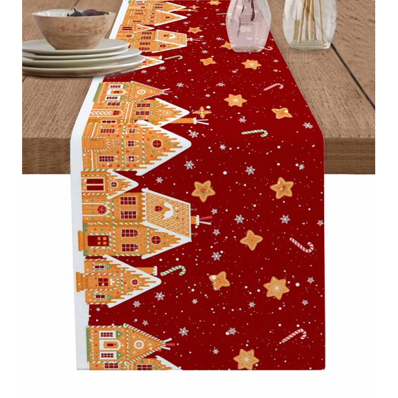 ERUNPONLY Christmas Red Table Runner - 90 Inch Long Winter Xmas House Star Candy Snowflake Cotton and Linen Blended Dress Scarves Farmhouse Table Runner for Kitchen Dining, Coffee Table, 13"x90"