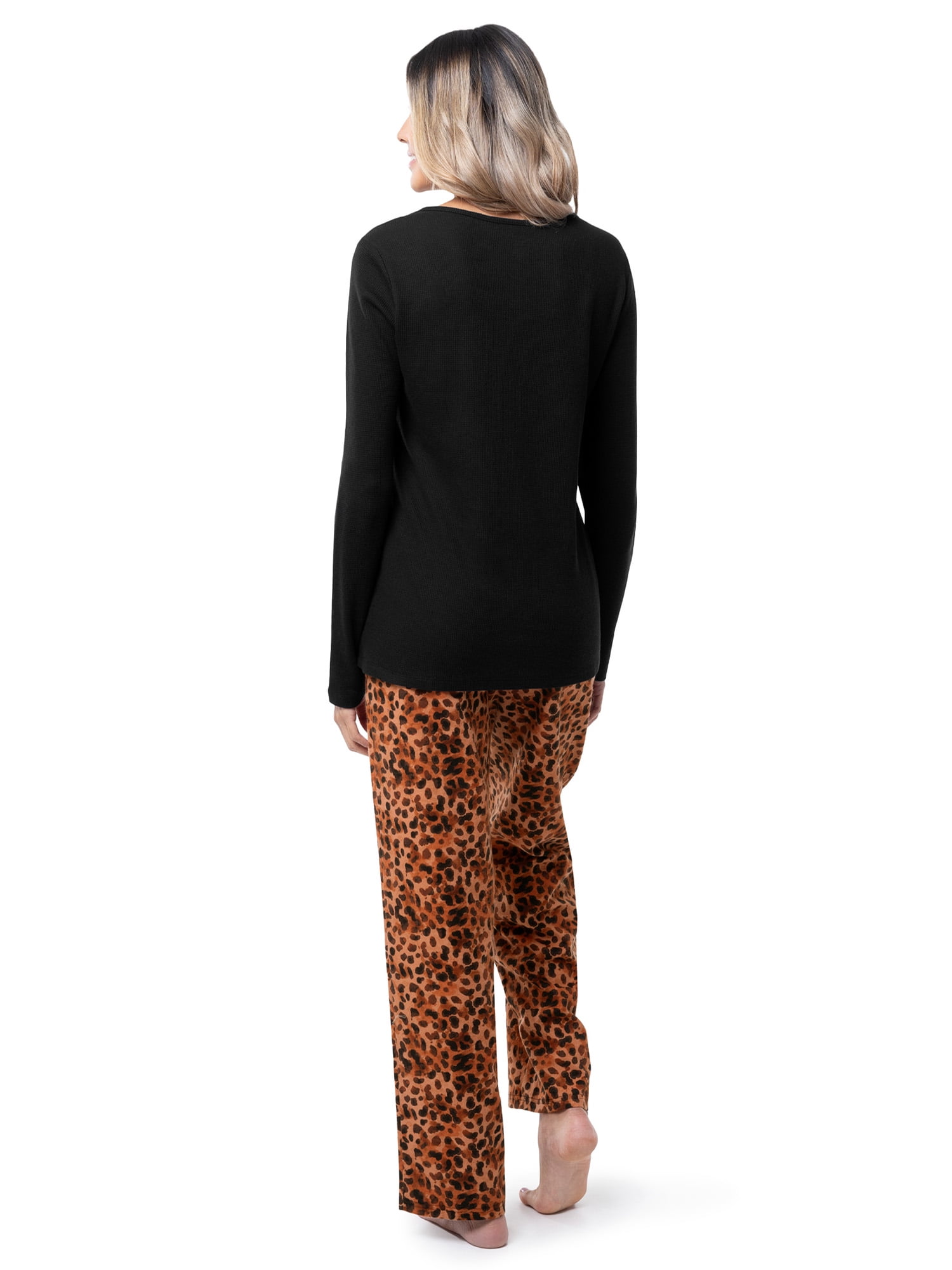 Fruit of the Loom Women's Beyond Soft Long Sleeve Waffle Top and Flannel Bottom Pajama Set, Sizes S-4X