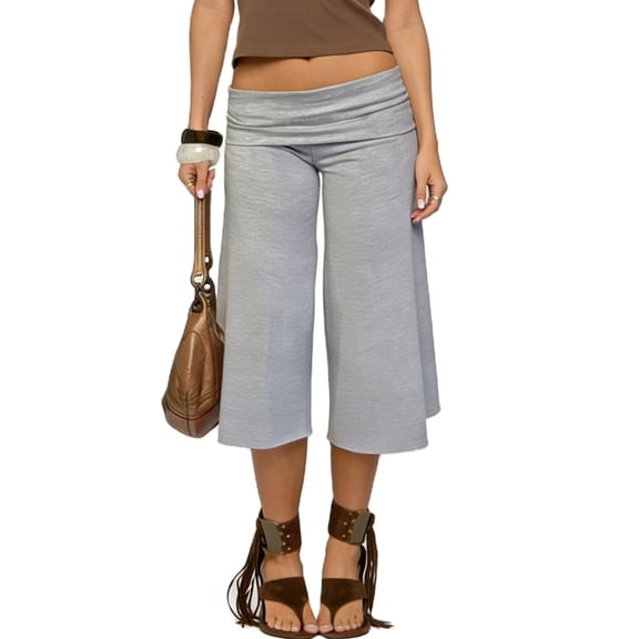 Fold Over Gaucho Pants for Women Foldover Solid Flowy Capri Pants Y2k Wide Leg Yoga Culottes