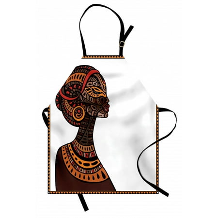 

African Apron Tribal Exotic Beauty Woman Figure with Traditional Mask Totem Illustration Unisex Kitchen Bib Apron with Adjustable Neck for Cooking Baking Gardening Brown and Cinnamon by Ambesonne