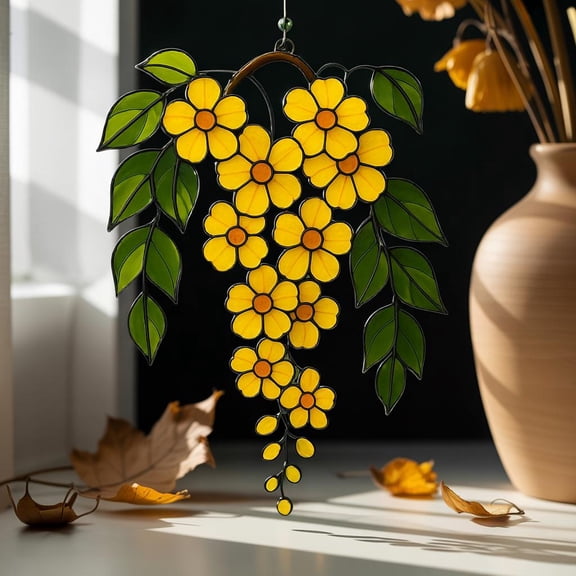 Yellow Wisteria Acrylic Suncatcher, Hanging Floral Window Decor, Cascading Flower Sun Catcher, Faux Stained Glass Art, Spring Home Decor