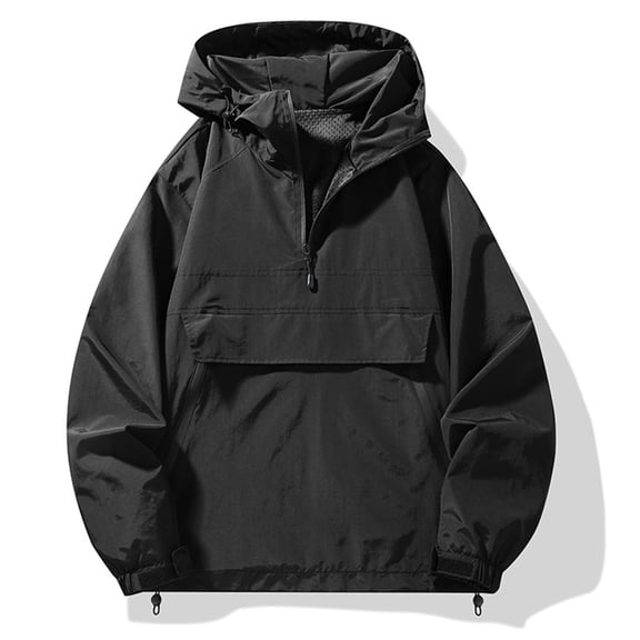 SeCaotees Mens Hooded Anorak Windbreaker Half Zip Pullover Jacket Long Sleeve Multi Pocket Outdoor Outerwear Water Resistant Hooded Coat for Hiking Travel Black,XL