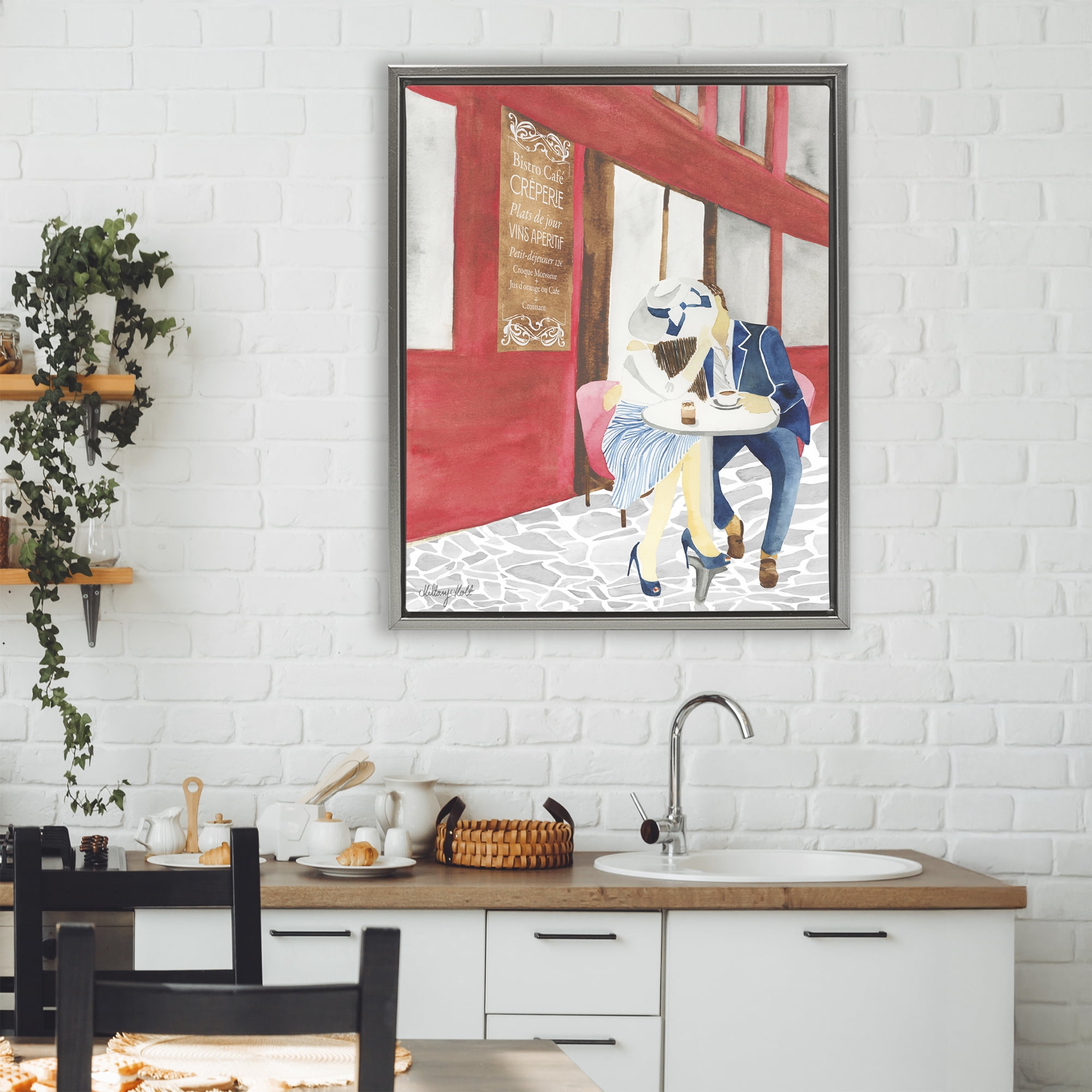 Stupell Industries Kiss At Parisian Cafe Gray Framed Floater Canvas Wall Art, design by Hillary Holt