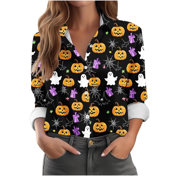 Womens Halloween Graphic Shirts Pumpkin Witch Print V Neck Tops | 2026 Casual Fall 3/4 Sleeve T Shirts,Funny Halloween Graphic Costume,Fall Festival Events,Halloween Party,Happy Halloween