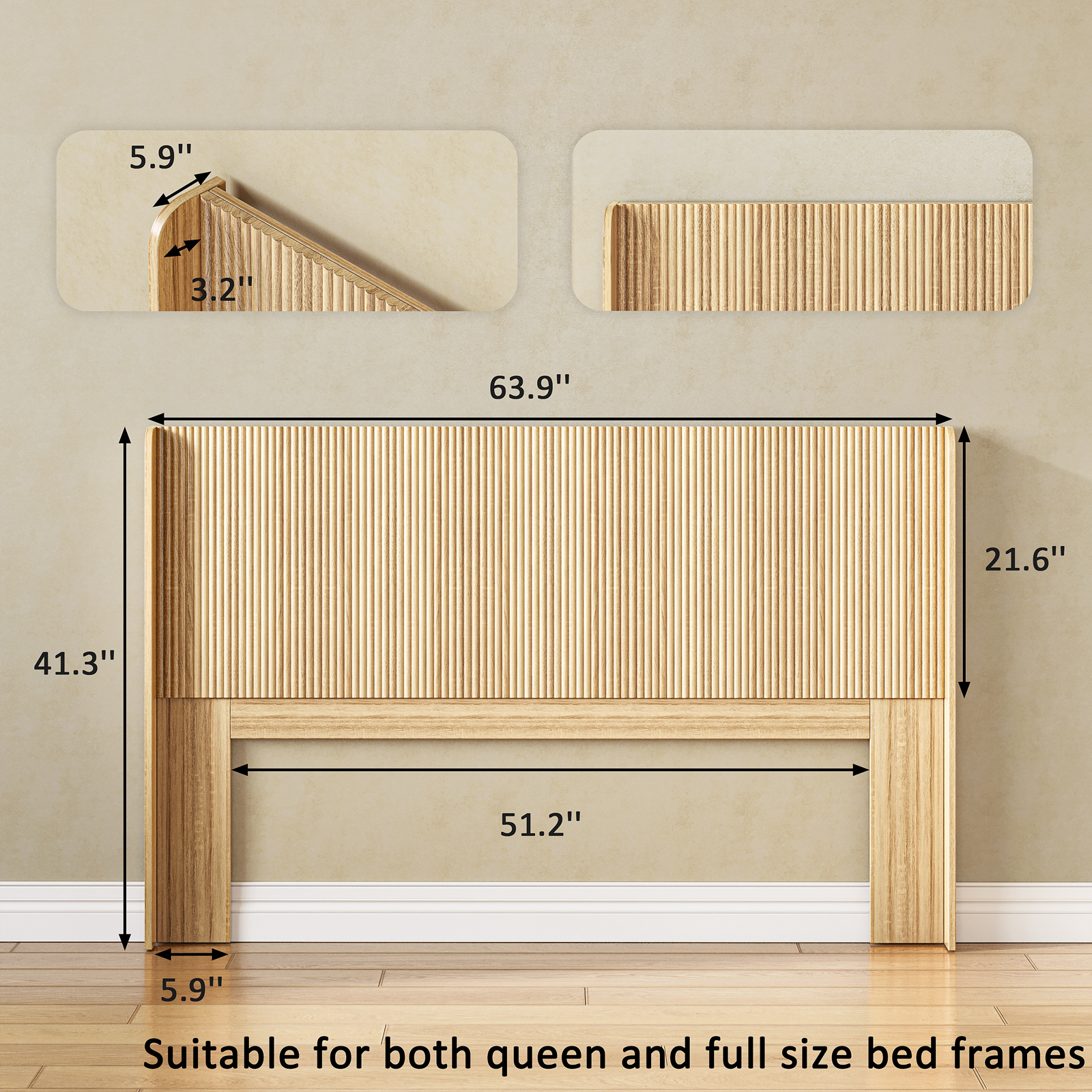 63.9" Wood Fluted Headboard, Farmhouse Wall Mount Headboards, Fits Full/Queen Size Bed Frames