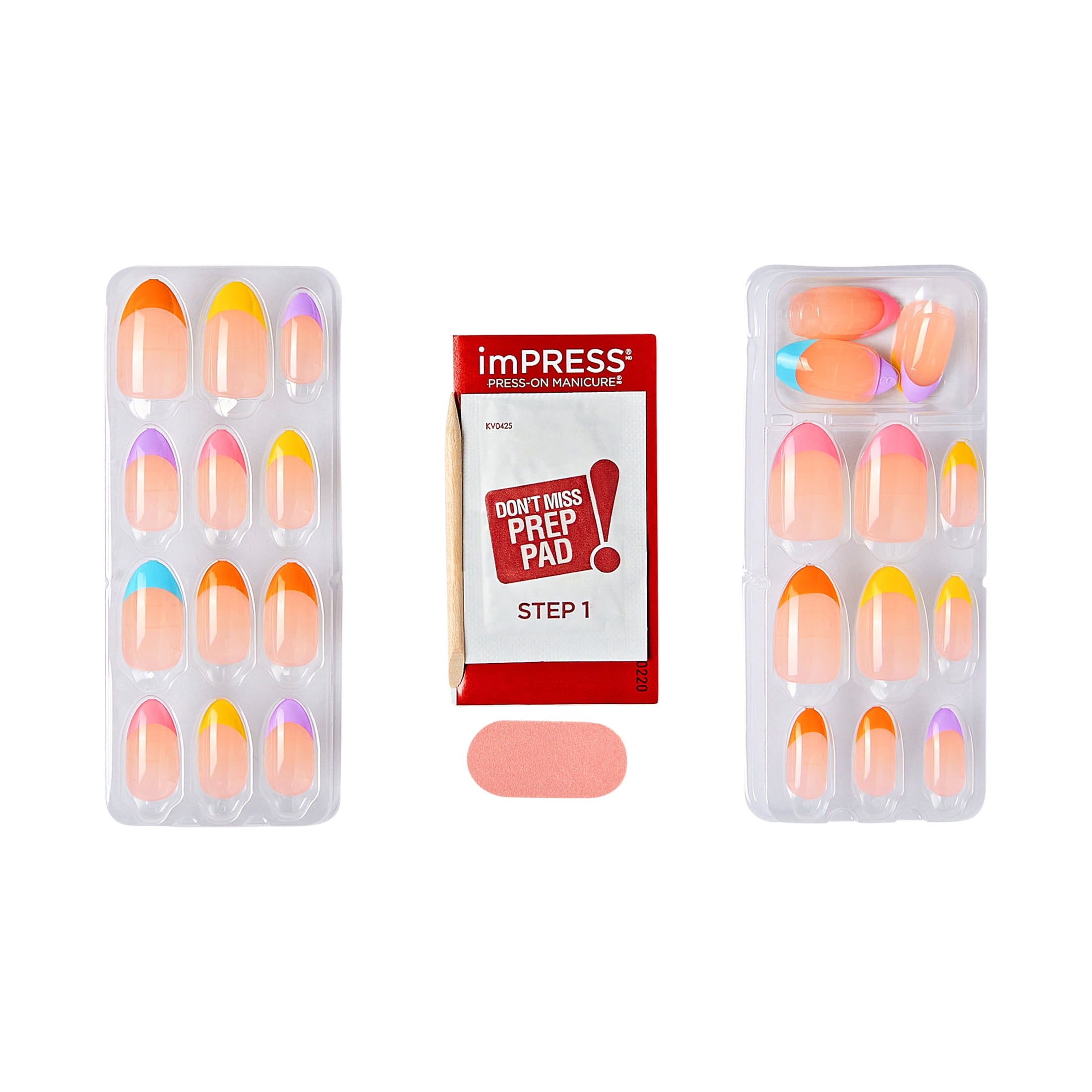 KISS imPRESS Medium Almond Gel Press-On Nails, Glossy Multicolored French, 30 Pieces