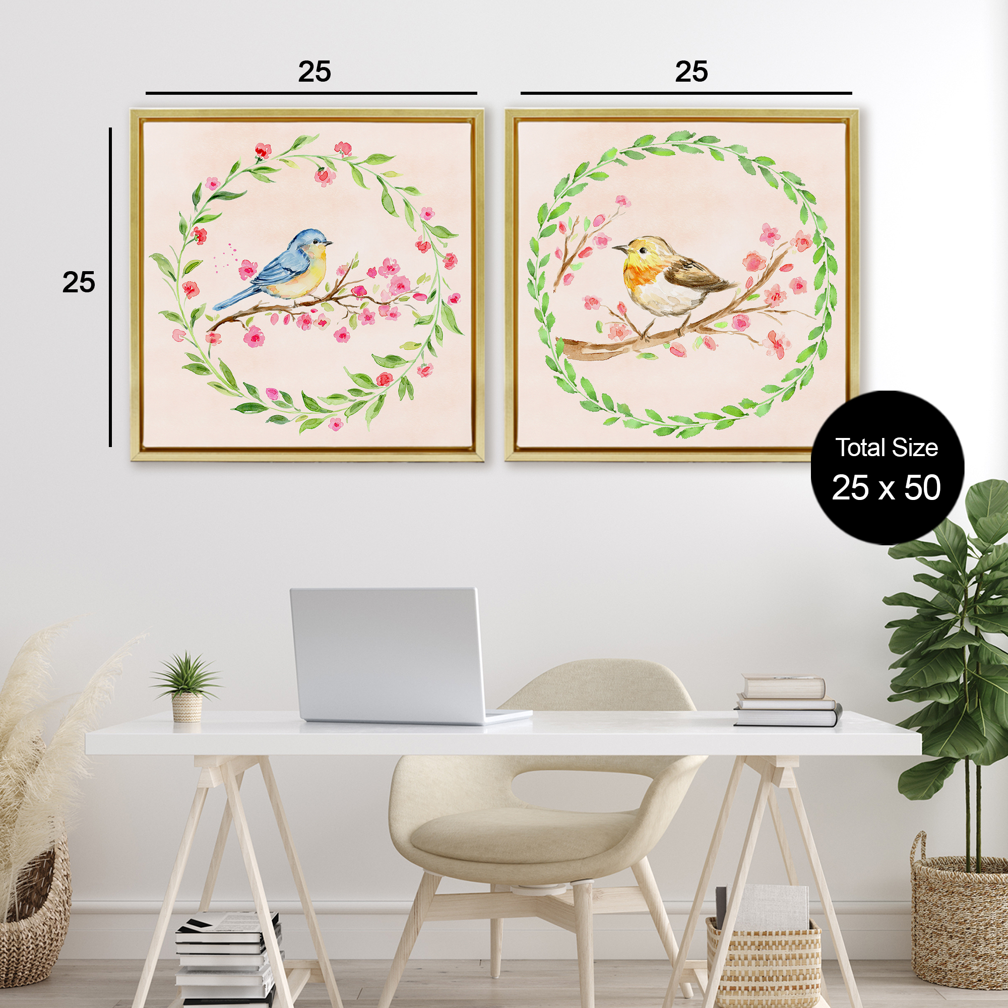 Spring Branches & Wreath Birds 2 Piece Gold Framed Floater Canvas Set, design by Elena Fay