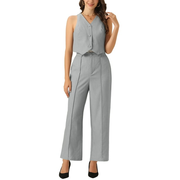 INSPIRAR CHIC Conjunto de Dos Piezas Casual Sin Mangas Top Corto Cuello en V Pantalones de Pierna Ancha Sudaderas L Gris