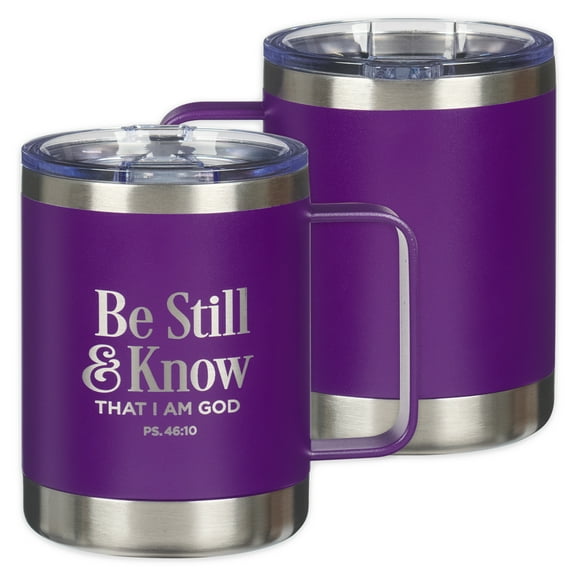 Christian Art Gifts Reusable Stainless Steel Double Wall Vacuum Insulated Camp Style Travel Mug w/ Handle for Women: Be Still & Know Inspirational Bible Verse, BPA-free Retractable Lid, Purple, 11 oz.