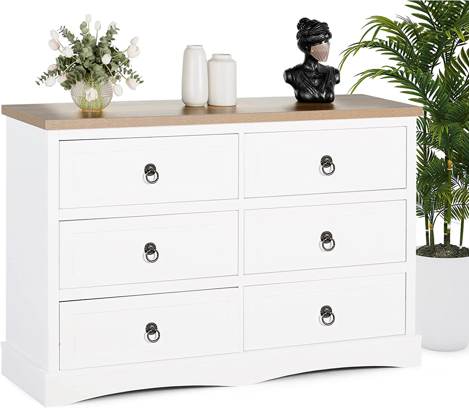 LAZZO 6 Drawer Double Dresser,Wood Storage Chest of Drawers Closet