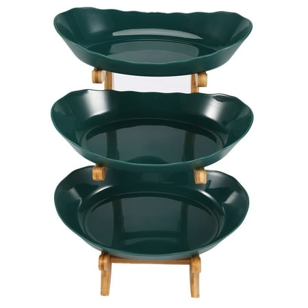 

3 Tiers Fruit Plate with Wood Holder Snacks Candy Plate Kitchen Organizer Rack Party Food Serving Display Tray Green