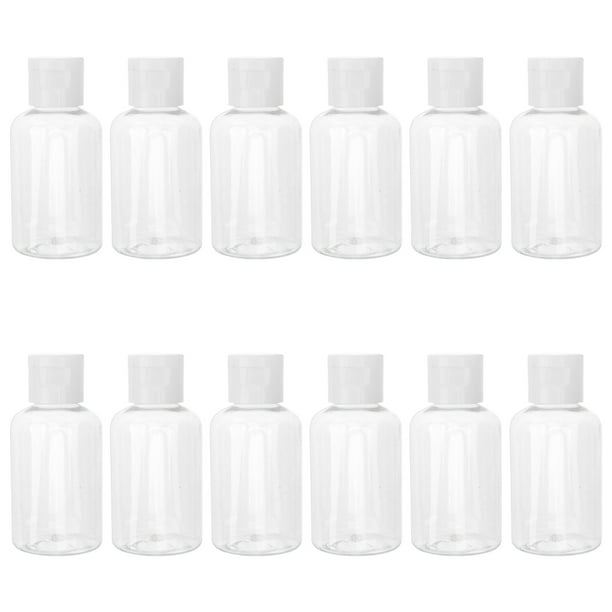 12 frascos de muestra de plástico vacíos de 50 ml con tapa, perfectos para emulsión de gel de ducha y agua emoliente (tapas de colores aleatorios).