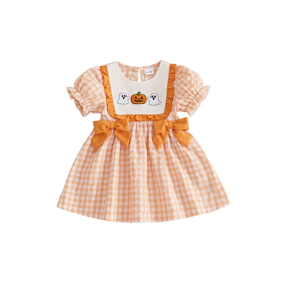 RUINIXCW Toddler Baby Girl Halloween Dress Outfit Infant Baby Girl Summer Fall Gingham Plaid Dress Clothes Cute Pumpkin Embroidery Puff Short Sleeve A Line Dress