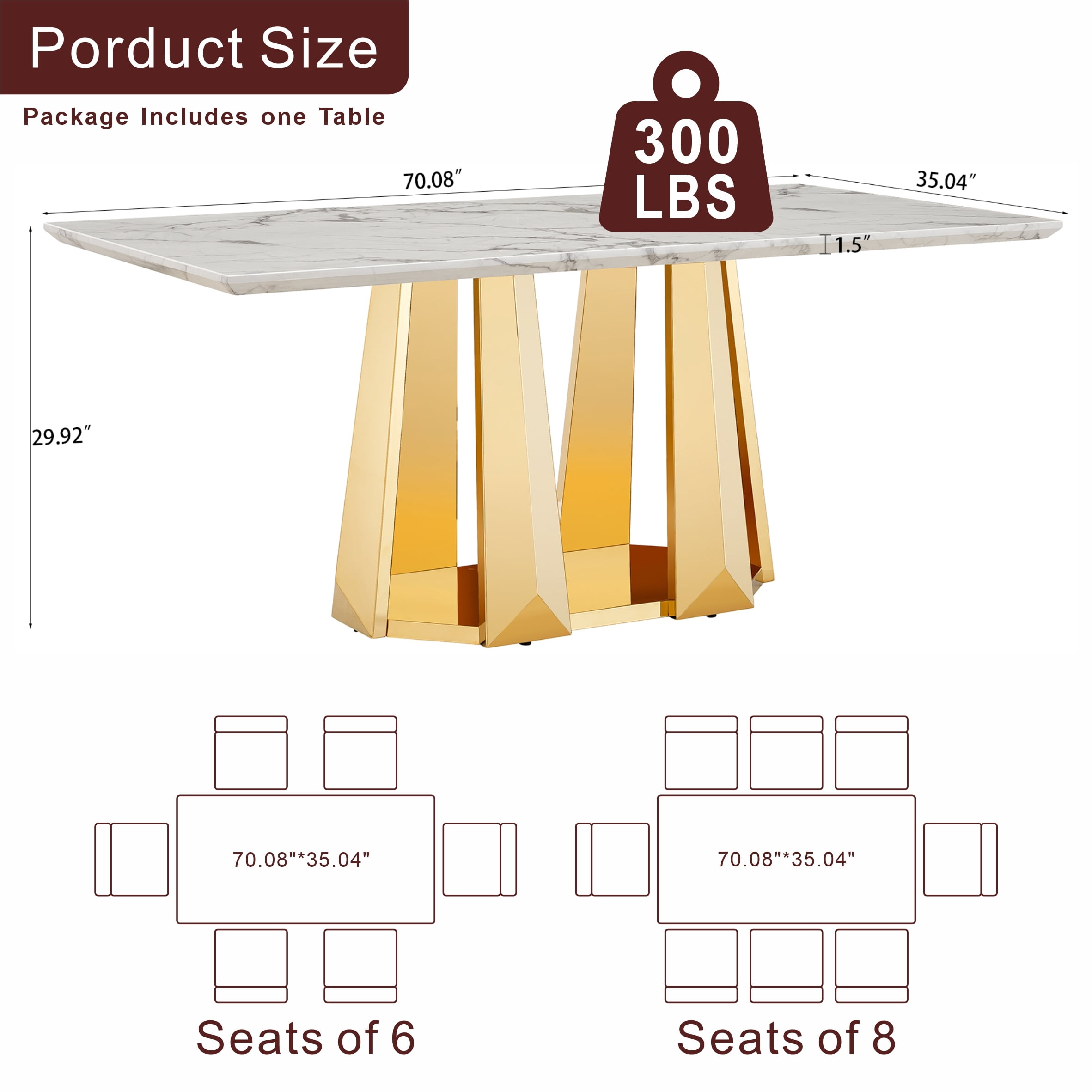 Shikeyi 70" Marble Dining Table for 6-8, Modern Luxury Gold Rectangular Large Kitchen Table, Marble Grain MDF Tabletop & Stainless Steel Base for Kitchen Dining Room, White (Table Only)