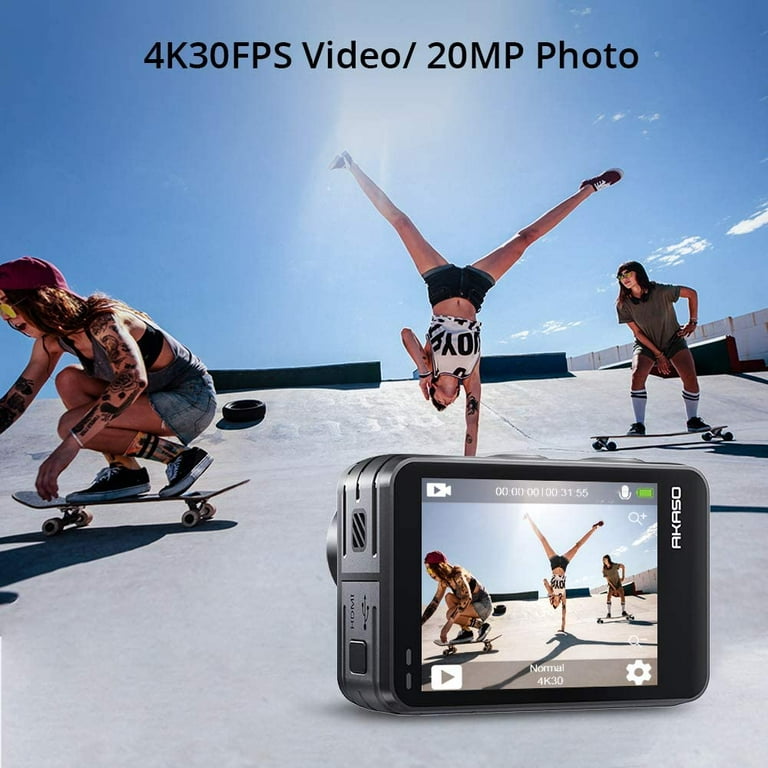 AKASO Brave 7 Action Camera 4K30FPS 20MP with 64GB U3  MicroSDXC Memory Card, Waterproof Camera with Touch Screen IPX8 33FT EIS  2.0 Zoom Support External Mic Voice Control with 2X