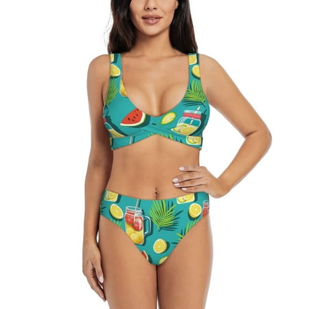 Bathing Suit For Women  Cartoon Lemon Juice High Waisted Bikini Set Bathing Suit Cross Lace Up Swimsuit