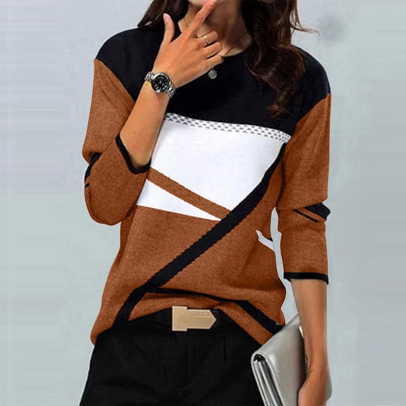 Ayfxijin Long Sleeve Shirts for Women,Women's Tops Geometry Printed T-shirt Long Sleeve Blouse Round Neck Casual