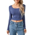 thumbnail image 2 of Women Crop Tops Solid Color Scoop Neck Long Sleeve T-Shirts Fall Slim Fit Shirts, 2 of 10