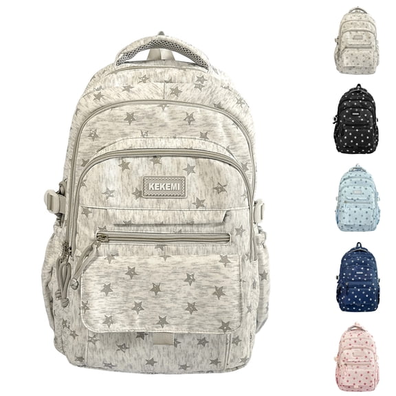 Multi-Compartment Kids Backpack for Girls, Cute Star School Backpack, Girls Bookbag for Elementary Middle School (Light Gray)