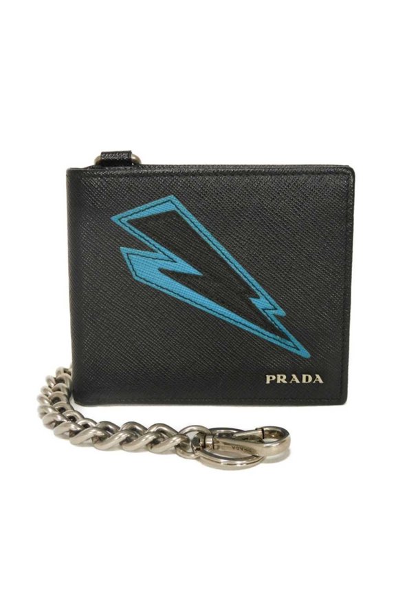 Pre-Owned Prada PRADA Bi-fold Wallet Saffiano Compact Chain Lightning Bolt Blue Keyring Logo...