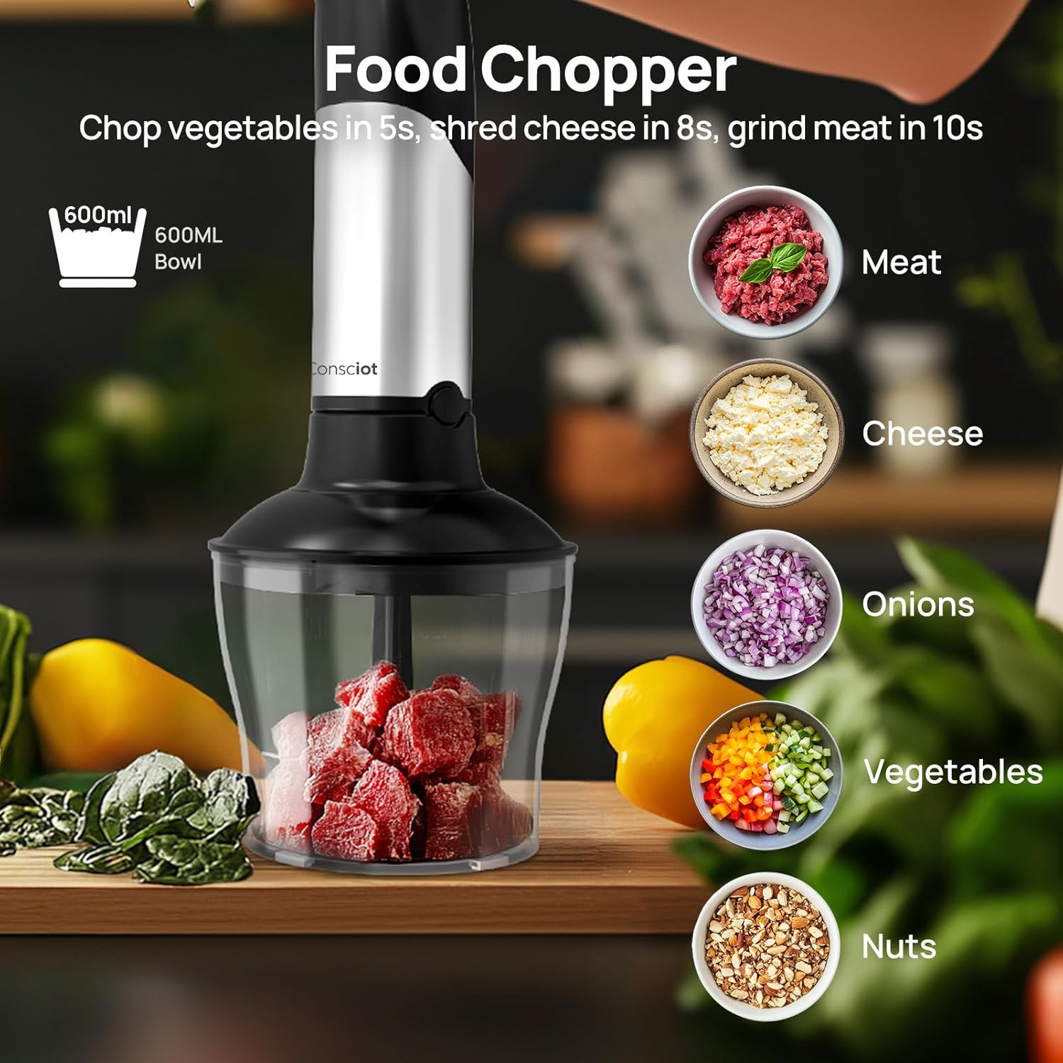 7-in-1 Immersion Blender Handheld Max 1100W Stainless Steel Shaft with Beaker Chopper