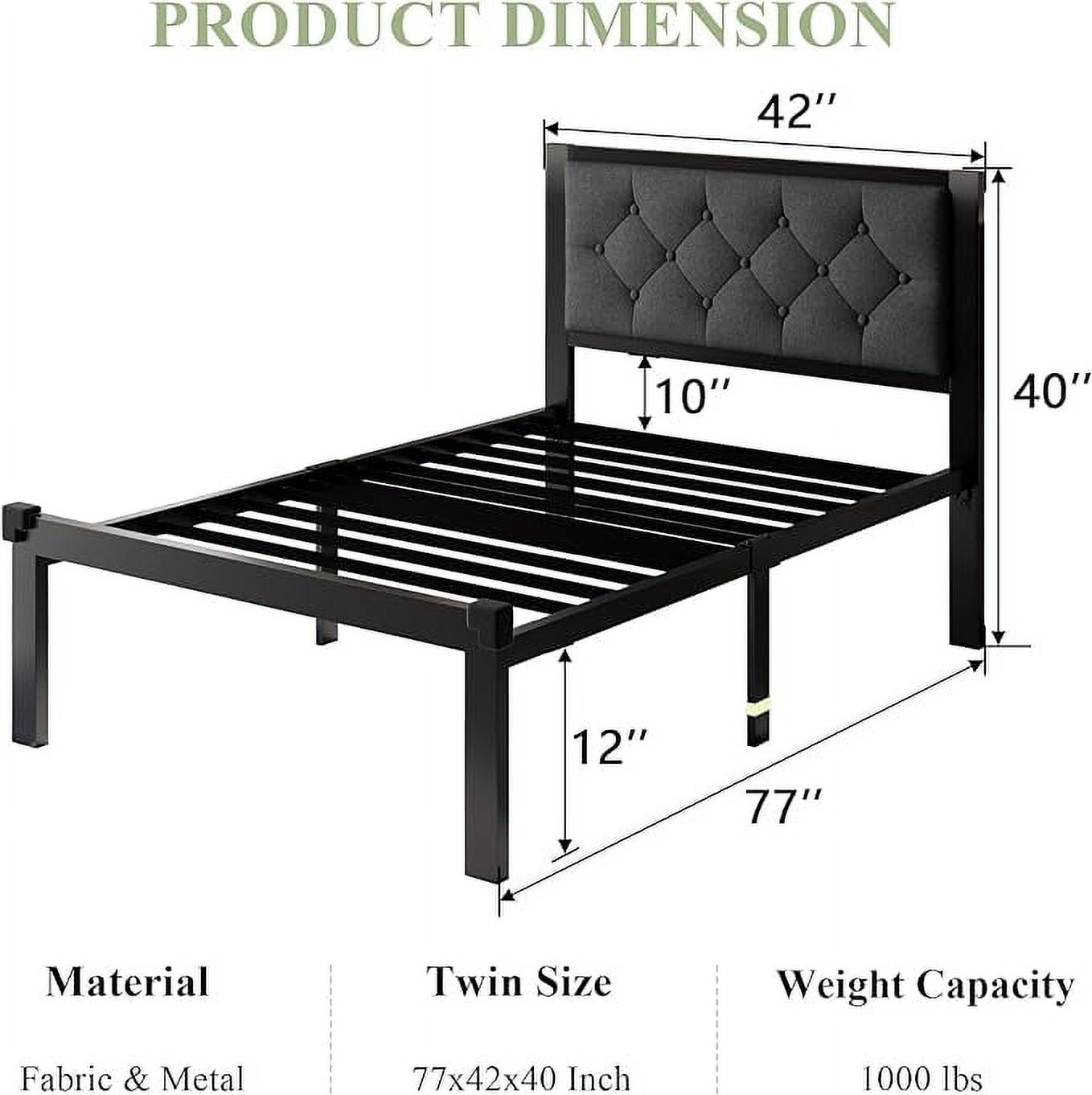 Feonase Twin Size Metal Platform Bed Frame with Linen Upholstered Headboard, 12" Under-Bed Space, Steel Slats Suppor, Black
