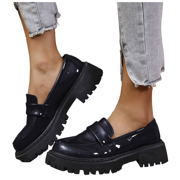 Rokment Women's Vintage Patent-Leather Oxfords Penny Loafers Walking Shoes 2026 Spring Fall Trendy Casual Platform Chunky Lug Sole Mid Heels Slip on Dress Shoes Black Size 6.5