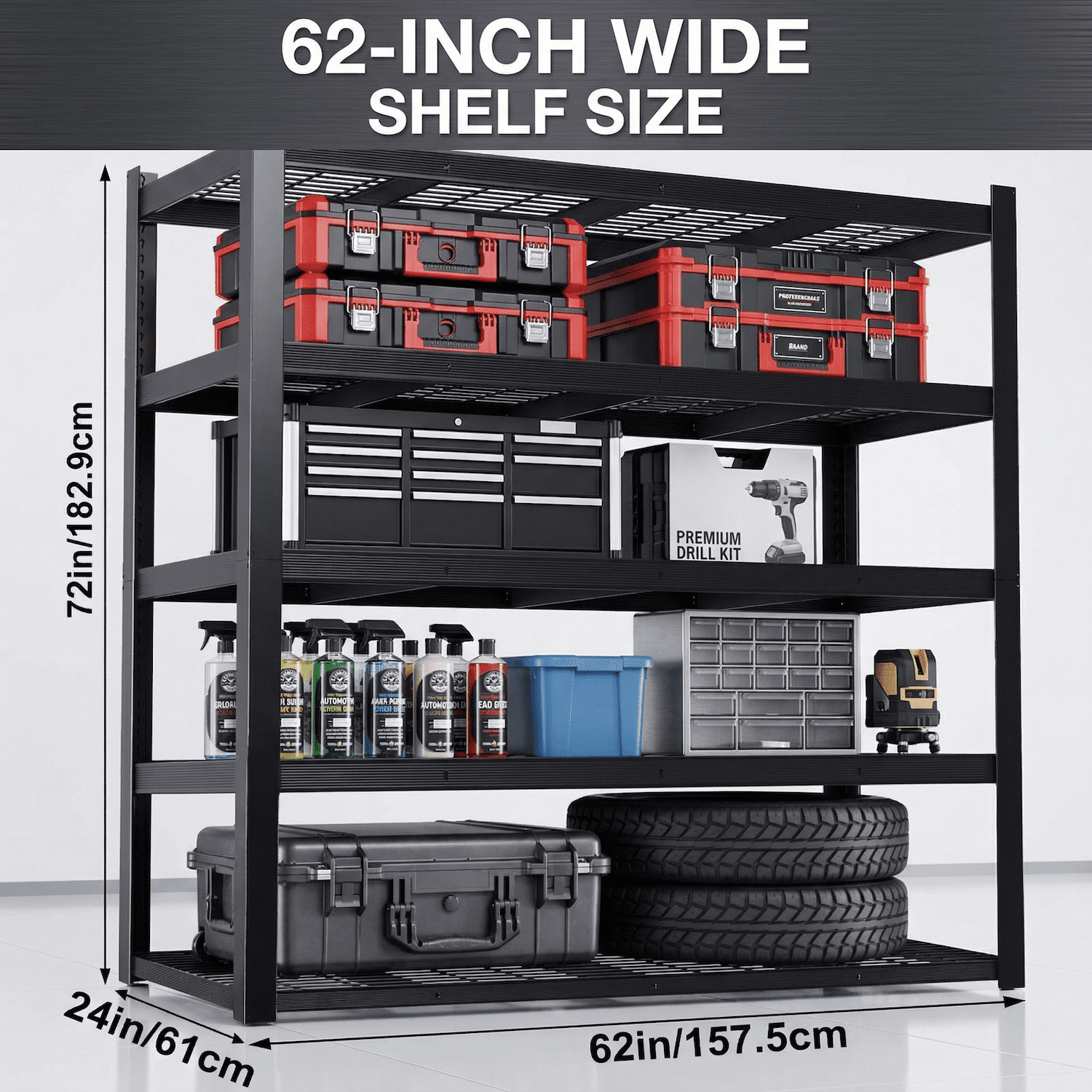 Heavy Duty Garage Shelving Unit, Metal Storage Shelves 3050 lbs, 5 Tier Adjustable Shelving Rack, Industrial Garage Storage Shelves for Basement, Warehouse, Pantry, 62” W x 24” D x 72” H