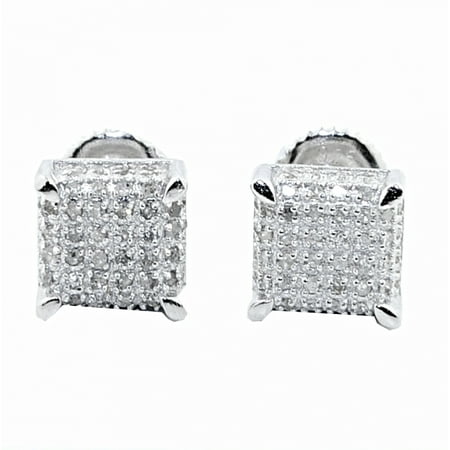 Cube Sterling Silver Earrings - Mens Diamond Stud Earrings Sterling Silver 7.5mm Wide Cube Shaped Screw back 0.3cttw