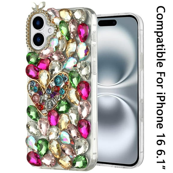 For Apple iPhone 16 Pro (6.3") Bling Crystal 3D Full Diamonds Luxury Sparkle Rhinestone Hybrid Protective Cover, XPM Phone Case [Colorful Heart]