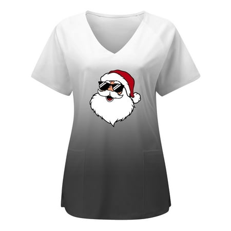 

TAIAOJING Women Scrubs Top Workwear Christmas Short Sleeve V Neck Printed Top Nurses Working T Shirts Blouse With Pockets