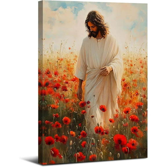 Aaheei Watercolor Jesus Floral Wall Art for Living Room Bedroom Bathroom Home Decorations Rustic Farmhouse Nature Scenery Painting Canvas Prints Abstract Red Poppy God Poster Artwork Christian Gifts"