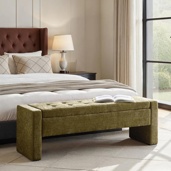 Moss Green Tufted Upholstered Storage Bench, 55 Inch Fabric Ottoman for