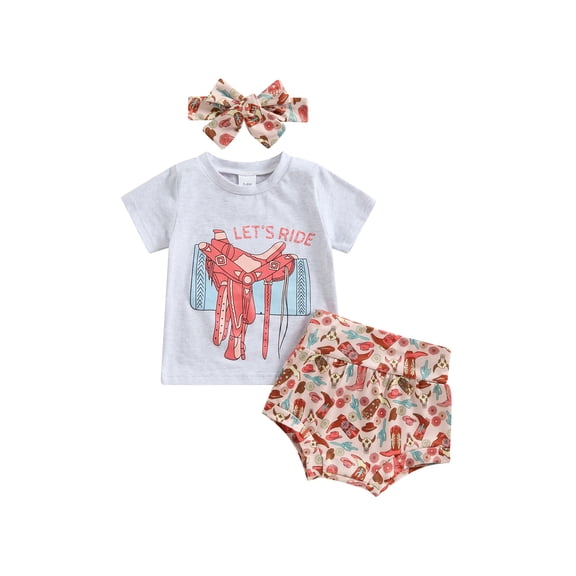Mevireiy Western Baby Girls Outfits Short Sleeve T Shirt Tops Cow Boots Print Shorts,Gray,0-6 Months