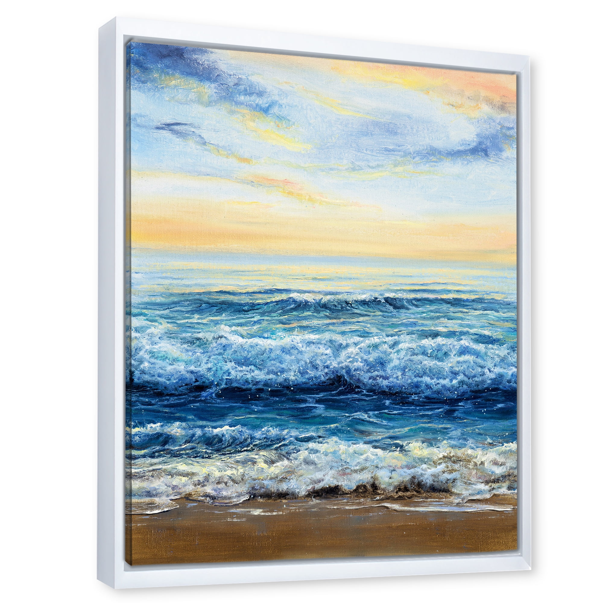 Ocean Waves At Sunrise 30 in x 40 in Framed Painting Canvas Art Print, by Designart
