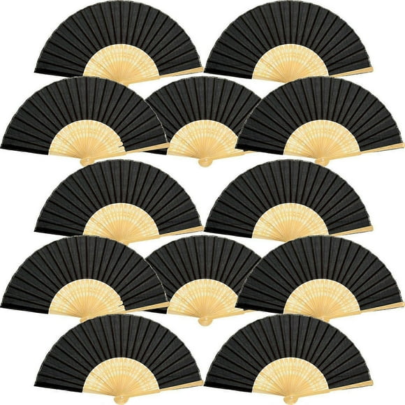 ventail Main (Paquet de 12, Noir) Ventilateurs Pliants en Bambou Soie Poche Pliante Main Ventilateur pour Cadeau de Mariage glise, Ftes de Fin d'Anne