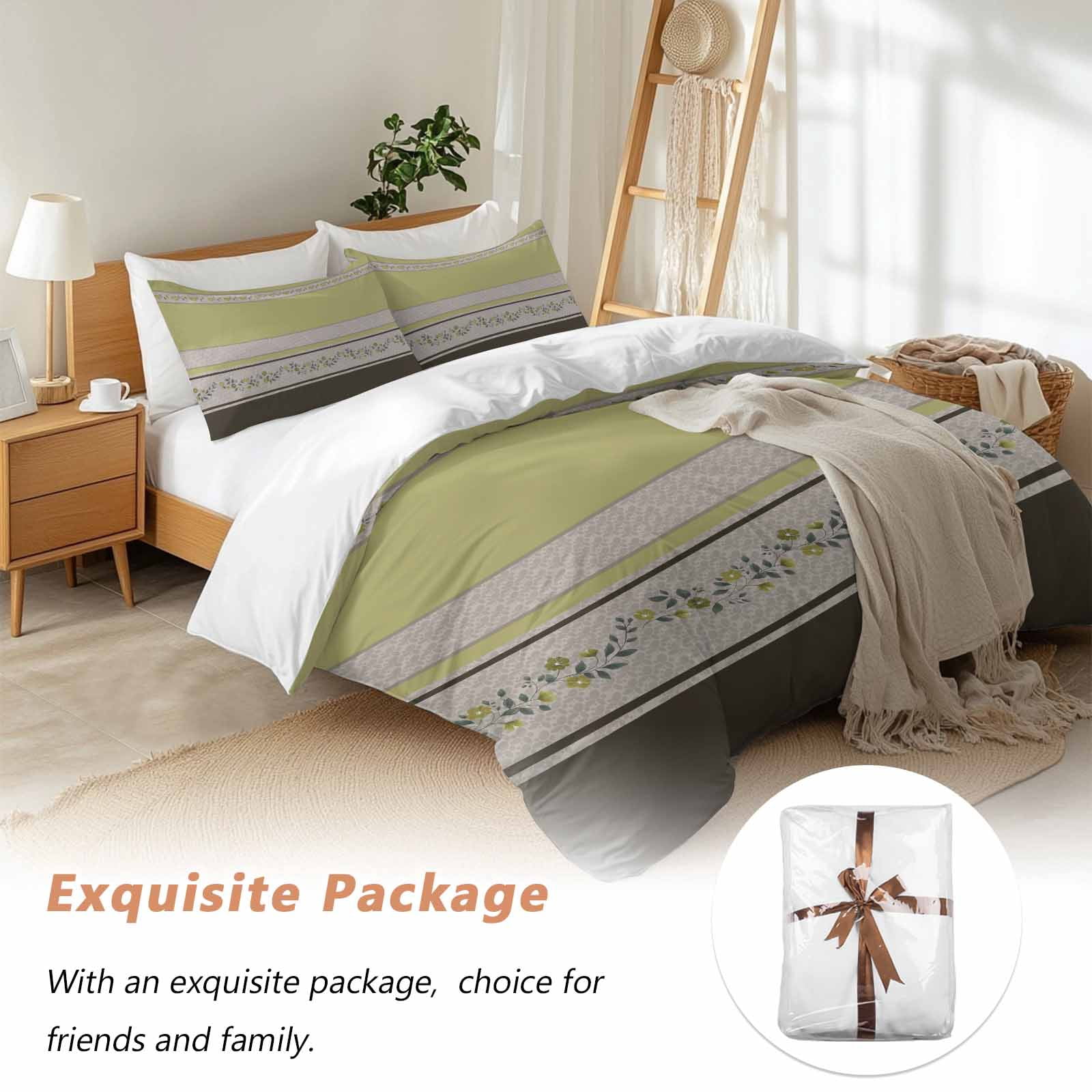 Sage Green Floral Bedding 3 Piece Duvet Cover Set California King, Modern Farmhouse Leaves Brown Striped Microfiber Comforter Cover with Zipper Closure & Pillowcases, FadeResistant Quilt Cover