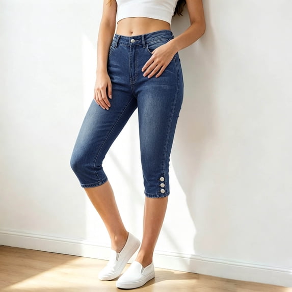 XAOFW Casual Capri Pants For Women Stretchy Slim Fit Denim Pant Solid Color Straight Leg Jeans Trousers For Everyday Wear Stylish Bottom XL