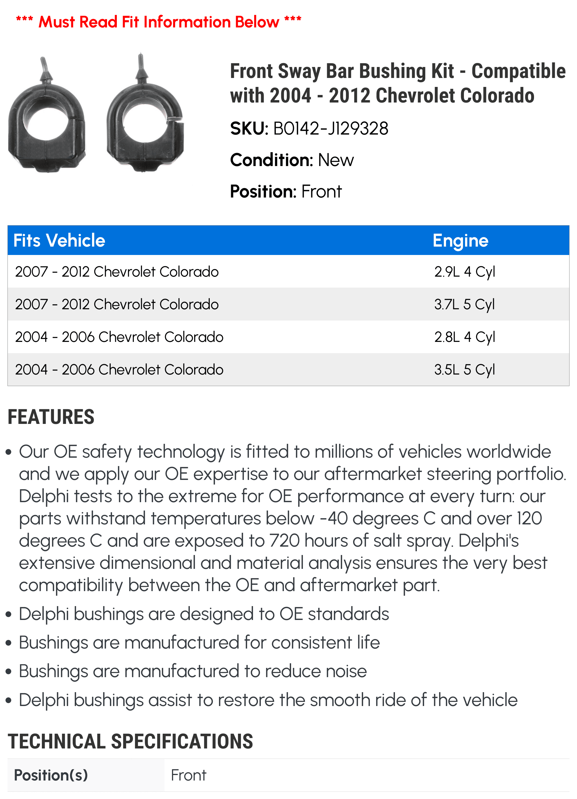 Front Sway Bar Bushing Kit - Compatible with 2004 - 2012 Chevy Colorado 2005 2006 2007 2008 2009 2010 2011