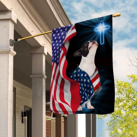 Flag Boston Terrier Dog Wearing Flag American Patriot Proud Standing Under The Cross Christian House Flag, Double-Sided Decorative Outdoor Flag, Patriotic Polyester Yard Flag 29.5 x 39.5 in