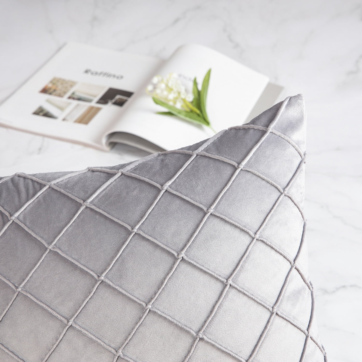 Phantoscope 18"x18" Velvet Pleated Checker Decorative Pillow, Light Gray
