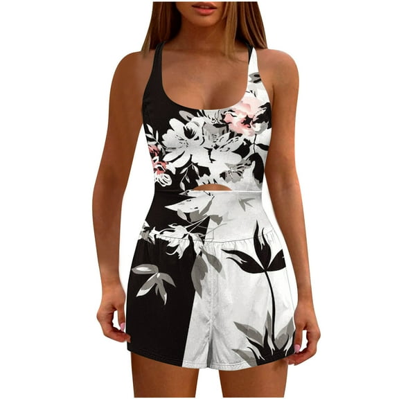 Sakmal Square Neck Casual Rompers for Women Racerback Sleeveless Swim Black Short Jumpsuits Floral Rompers