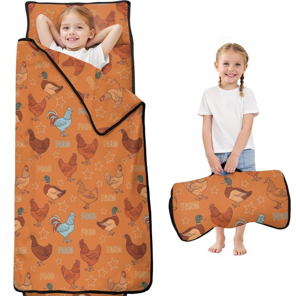 Rooster and Farm Orange Pattern Teens Toddler Nap Mat with Pillow, Sleeping Mat Bag for Preschool Daycare 59"x22"