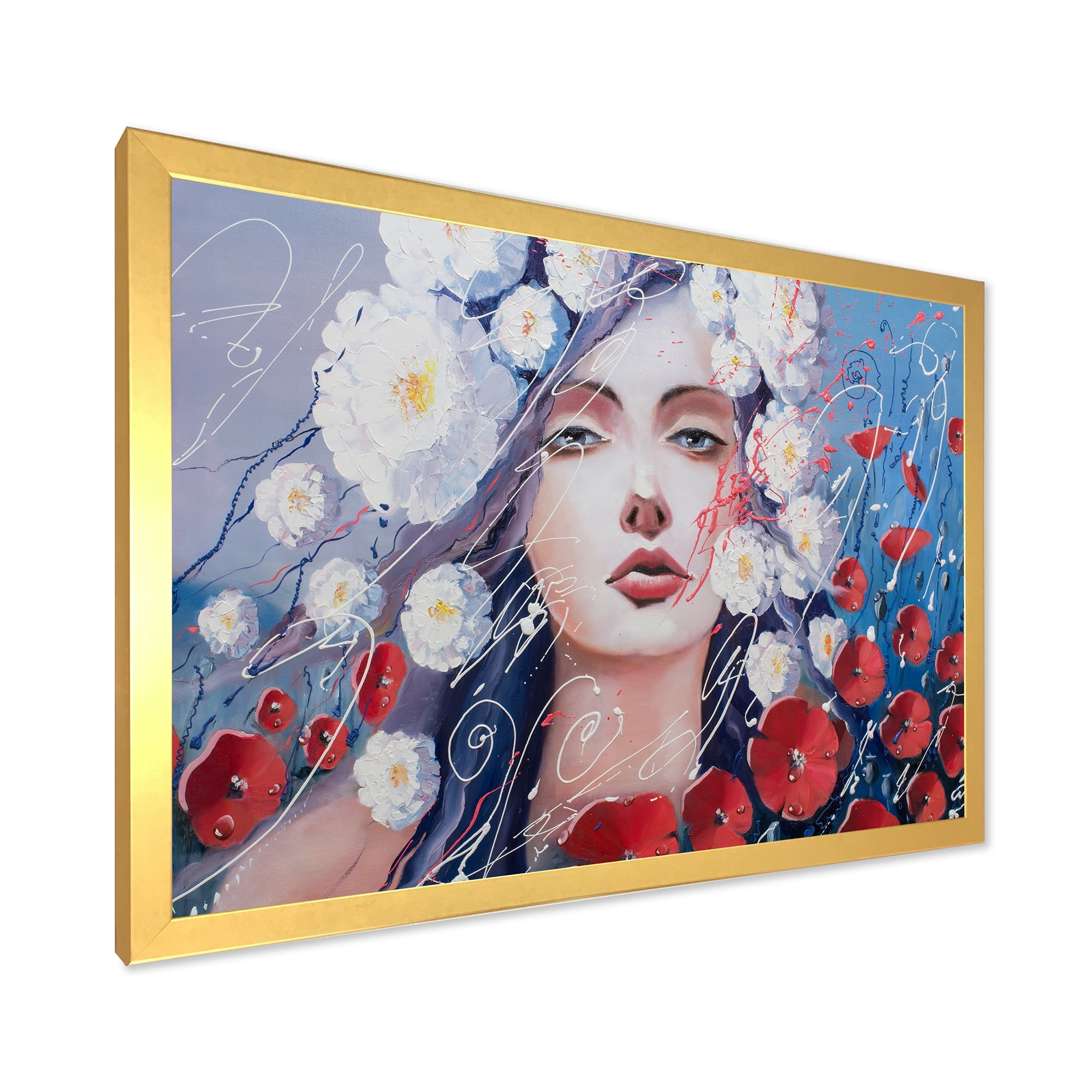 Designart 'Portrait Of A Young Lady With Red & White Flowers' Traditional Framed Art Print