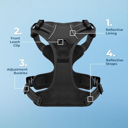 Voyager Dog Harness Dual Leash Attachment No-Pull Control Adjustable Soft But Strong Pet Harness For Medium And Large Dogs With 3M Reflective Technology - Black, S (Chest: 16 - 20")