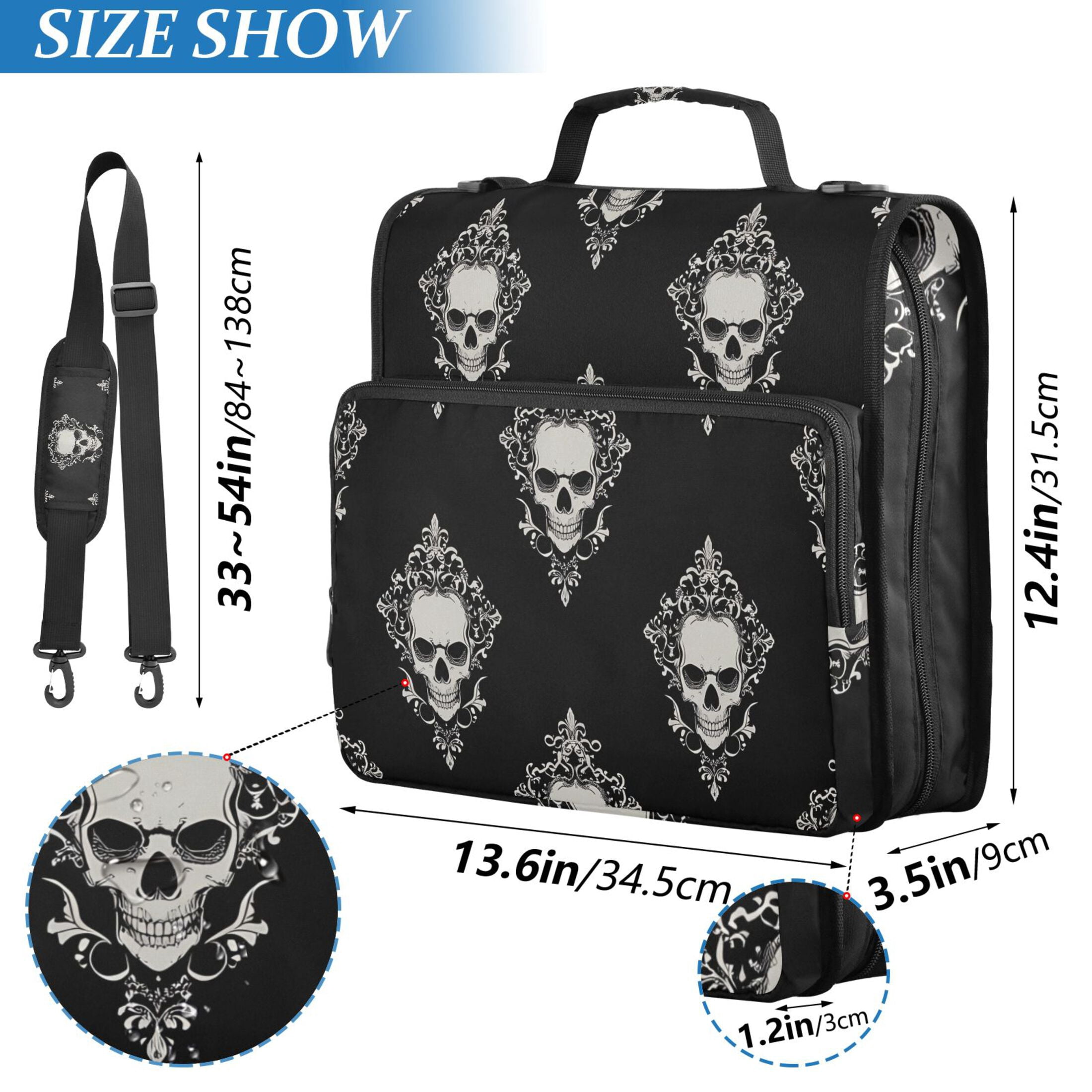 3 Ring Zipper Binder with Shoulder Strap Waterproof Trapper Keeper 2 Inch D-Ring 500 Sheets Capacity Cool Skulls Filigree