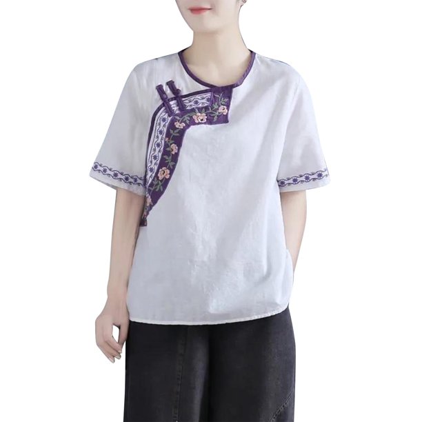 Tops de Algodón de Lino para las Mujeres Bordado Retro Suelto de Manga Corta de Gran Tamaño, Cuello Redondo