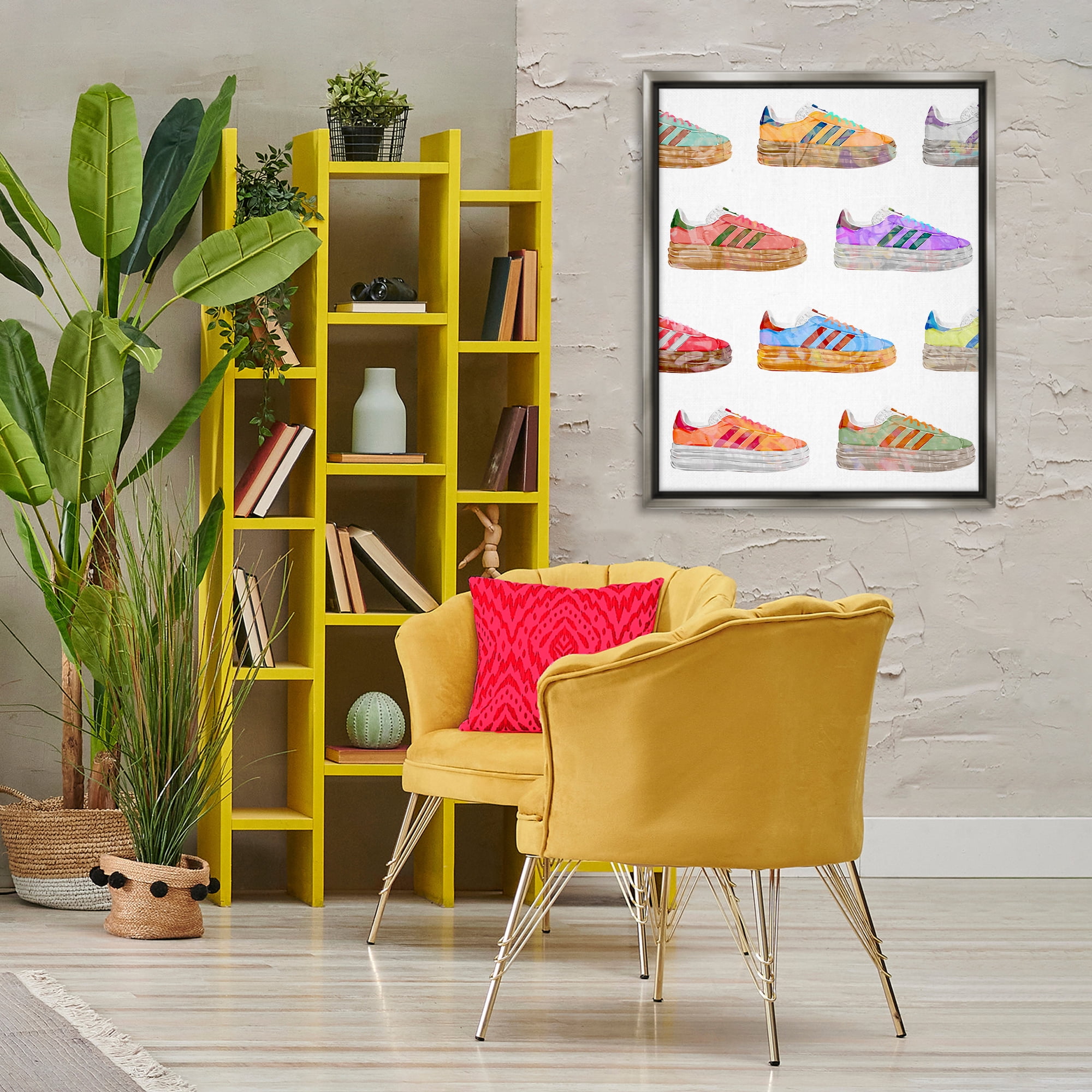 Stupell Industries Various Striped Sneakers Beauty & Fashion Painting Gray Floater Framed Art Print Wall Art, 25 x 31