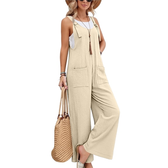 Women's Casual Loose Wide Leg Jumpsuit Tie Strap Sleeveless Pocket Romper