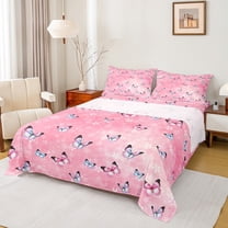 Manfei Dreamy Pink Butterfly Queen Sheet Sets, Cherry Blossoms Print Flat Sheet, Teens Girls Kids Female Queen Fitted Sheet, Breathable Home Decor, 4-Piece